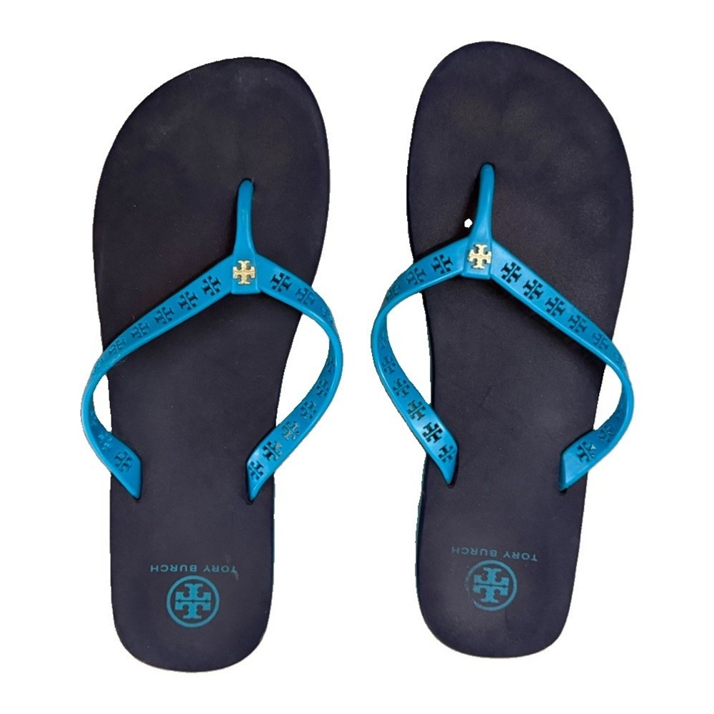 Tory Burch Flip Flops Navy Blue Turquoise Logo Thong Sandals Gold Hardware 8